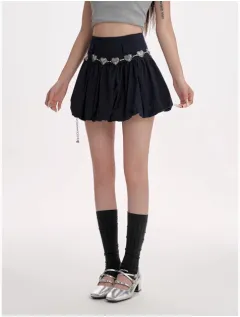 High Waisted Slimming A-line Skirt With Fluffy Flower Buds - Navy - View 1
