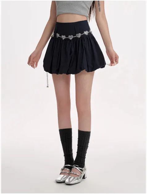 High Waisted Slimming A line Skirt With Fluffy Flower Buds Navy Blue - Shop at LoveMi