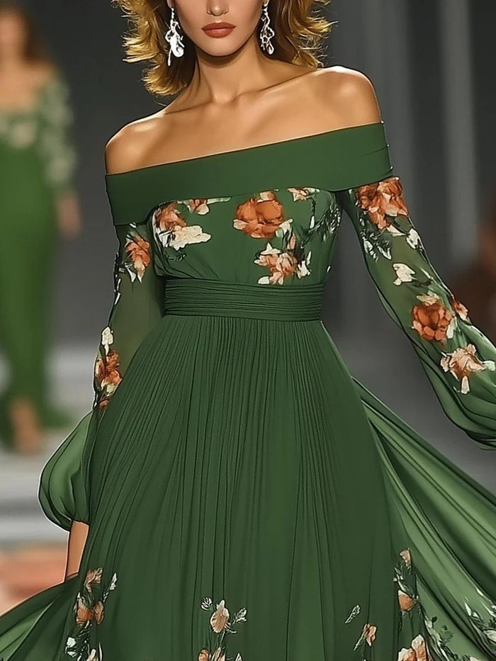 Long Sleeve Off Shoulder Digital Printing Dress