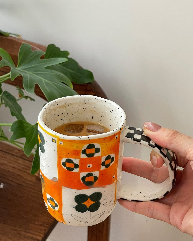 Vintage Underglaze Ink Dot Chessboard Ceramic Mug