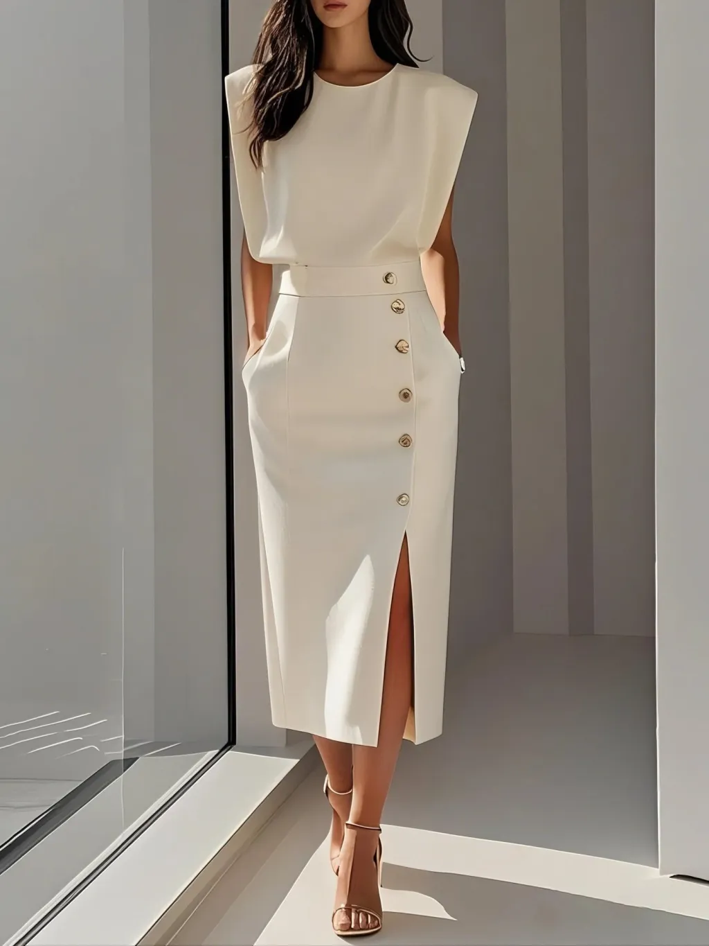 Split Metal Button Summer Dress Women - Apricot