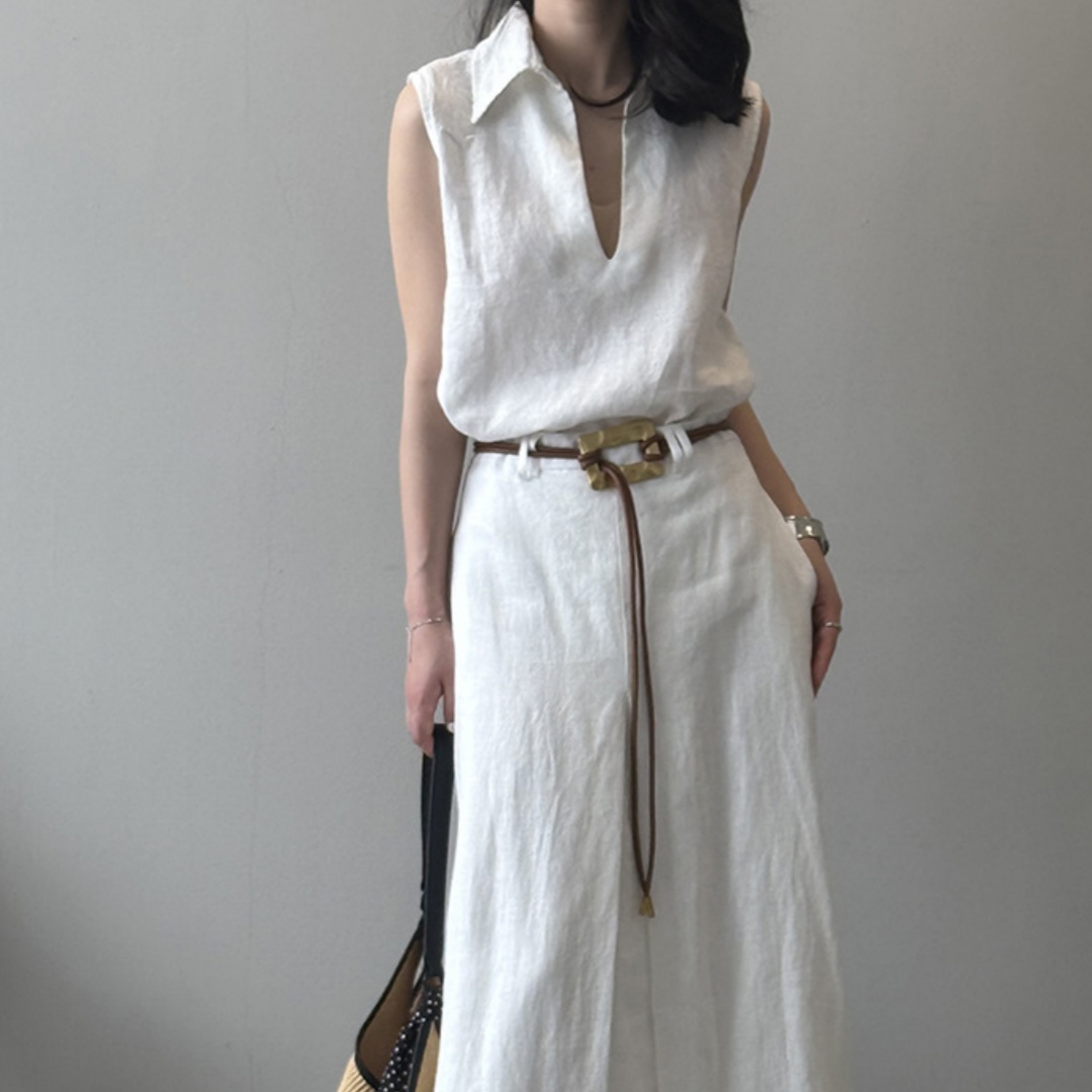 Korean Style V-neck Shirt Long A- Line Skirt