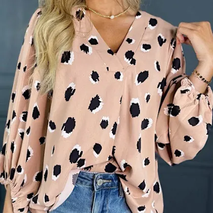 Khaki Classic Leopard V Neck Bracelet Sleeve Blouse Khaki - Shop at LoveMi