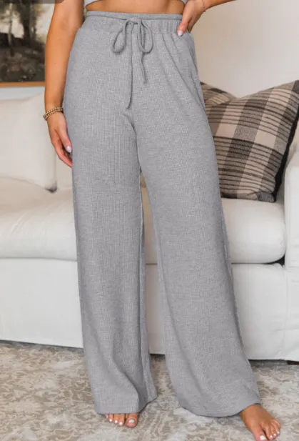 Gray Waffle Knit Drawstring High Waist Wide Leg Pants Grey - Shop at LoveMi
