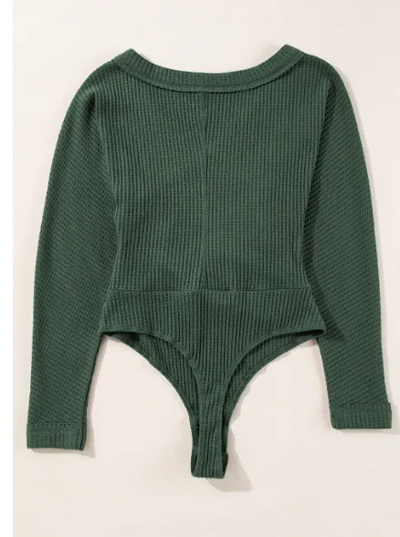 Blackish Green Waffle Knit Slim Fit Wrap V Neck Bodysuit Blackish Green - Shop at LoveMi