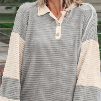 Khaki Textured Colorblock Collared Henley Top Khaki - Shop at LoveMi
