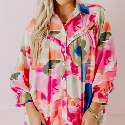 Rose Abstract Print Ruffled Puff Sleeve Shirt - Rose