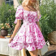 Short Sleeve Waist-controlled Ruffled Sleeve Pleated A- Line Jumpsuit - Glittering Powder-Xl - View 1