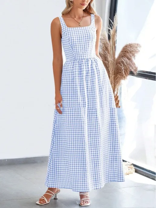 Patchwork Plaid Sling Elastic Large Swing Dress Light Blue - Shop at LoveMi