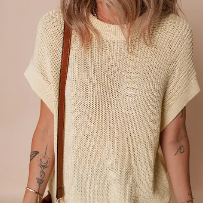Oatmeal Solid Color Batwing Short Sleeve Round Neck Knit T Shirt Oatmeal - Shop at LoveMi