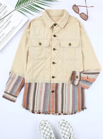 Button Up Pockets Striped Color Block Corduroy Jacket - Beige