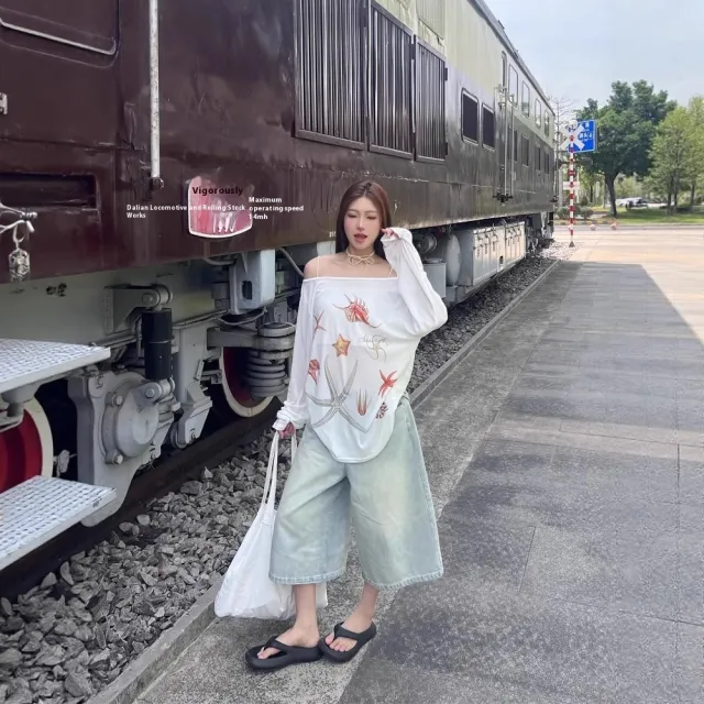 Starfish Printed Wide Collar Off the shoulder Sun Protection Long Sleeve T shirt Women White - Shop at LoveMi