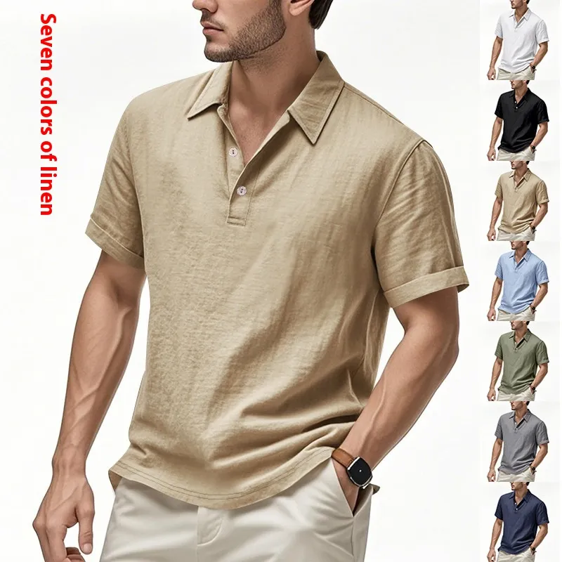 Men's British Casual Buckle Loose Linen Lapel Polo Shirt