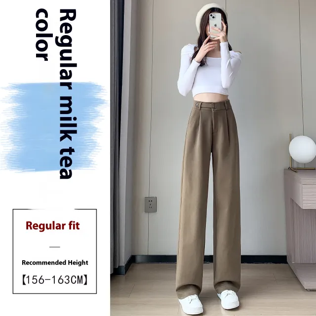 Female Autumn And Winter Loose Casual Woolen Straight leg Pants Milk Tea Color Regular - Shop at LoveMi