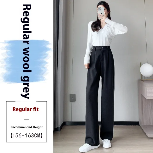 Female Autumn And Winter Loose Casual Woolen Straight leg Pants High Grade Gray Regular - Shop at LoveMi