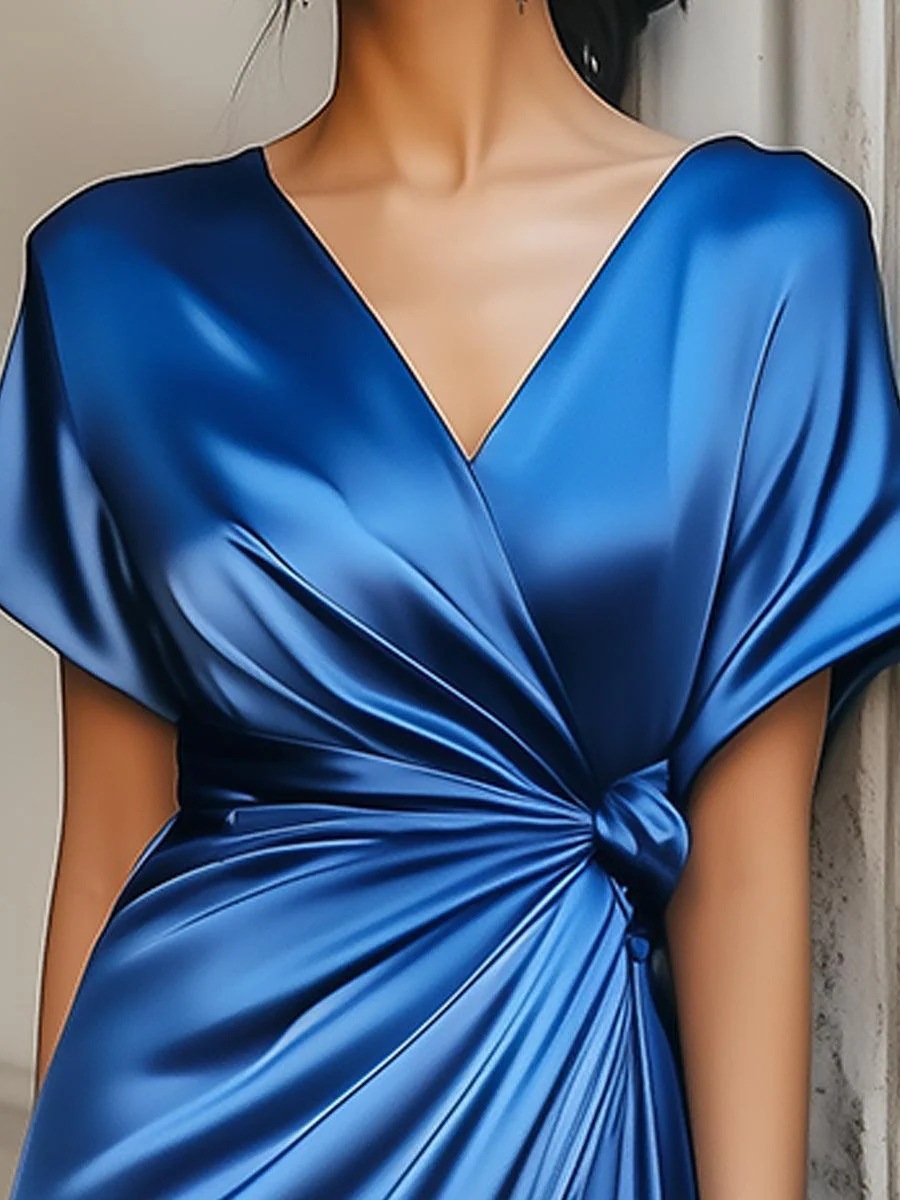 V-neck Short Sleeve Solid Color Satin Acetate Dress