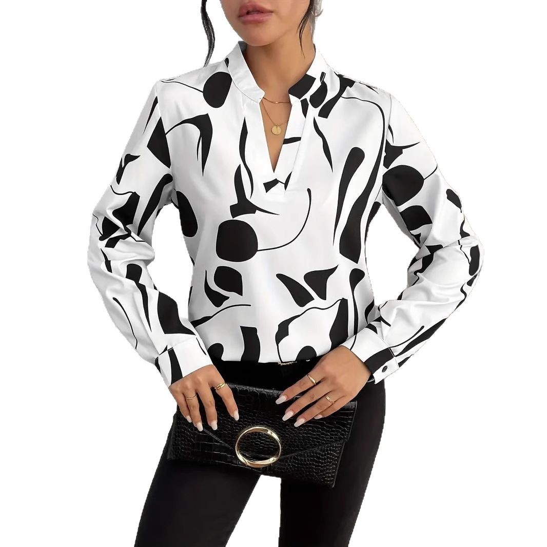 Women's Printed Notched Collar Shirt Long Sleeve - Image 4