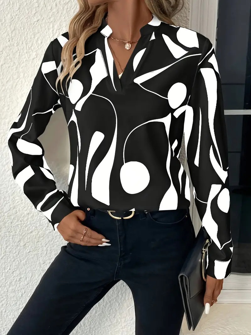 Women's Printed Notched Collar Shirt Long Sleeve - Image 6