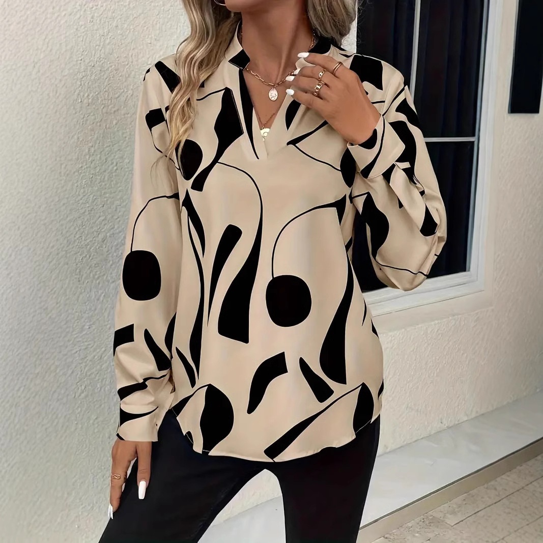 Women's Printed Notched Collar Shirt Long Sleeve - Image 1