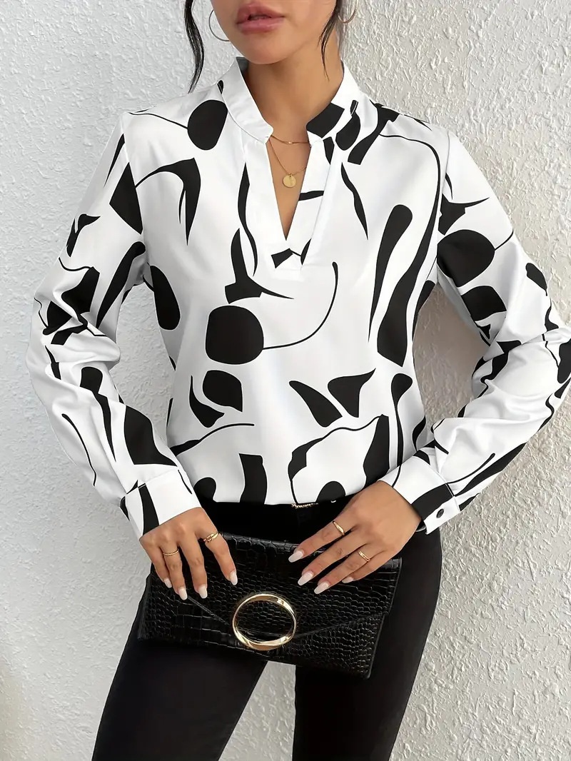 Women's Printed Notched Collar Shirt Long Sleeve - Image 7