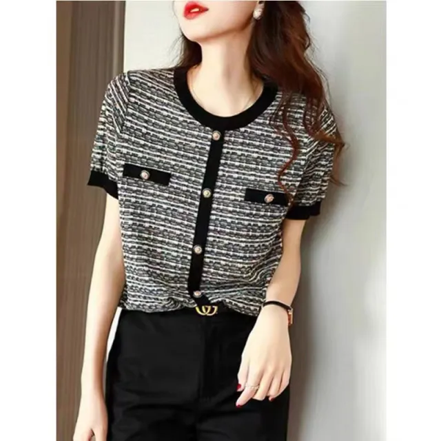 Ice Silk Knitted Top Classic Style Short sleeved T shirt Female Round Neck Fashion Loose Temperament Striped Black - Shop at LoveMi