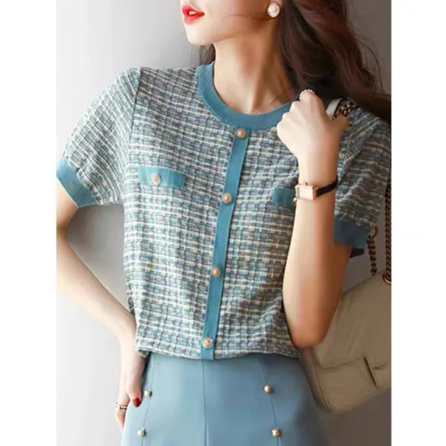 Ice Silk Knitted Top Classic Style Short sleeved T shirt Female Round Neck Fashion Loose Temperament Striped Blue - Shop at LoveMi