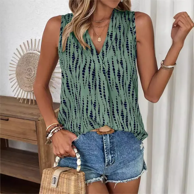 Sleeveless V neck Printed Blouse Women's Tops Green - Shop at LoveMi