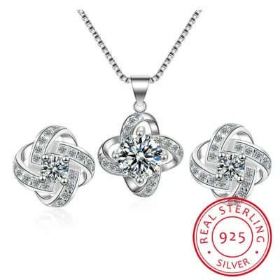 Lucky Four-leaf Clover Silver Necklace Pendant Sweet And - Silver 1Set