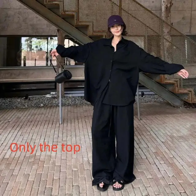 Elegant Polo Collar Shirt Top Loose Feeling Suit Female Autumn Leisure Wide leg Pants Black Shirt - Shop at LoveMi