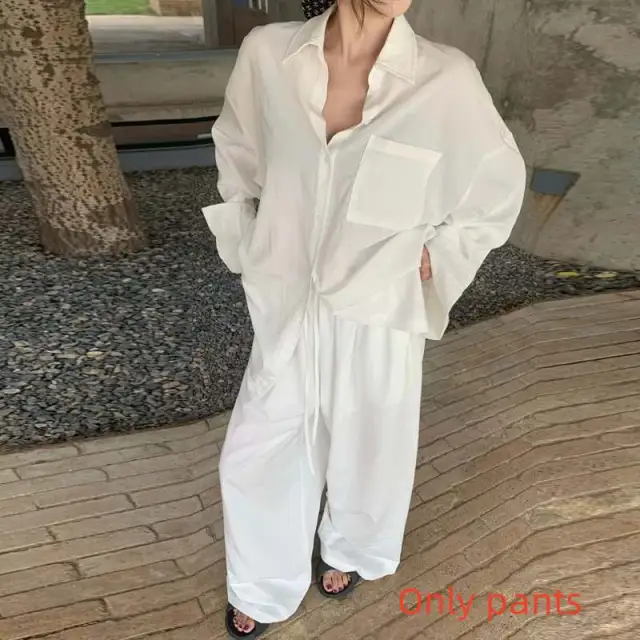 Elegant Polo Collar Shirt Top Loose Feeling Suit Female Autumn Leisure Wide leg Pants White Pants - Shop at LoveMi