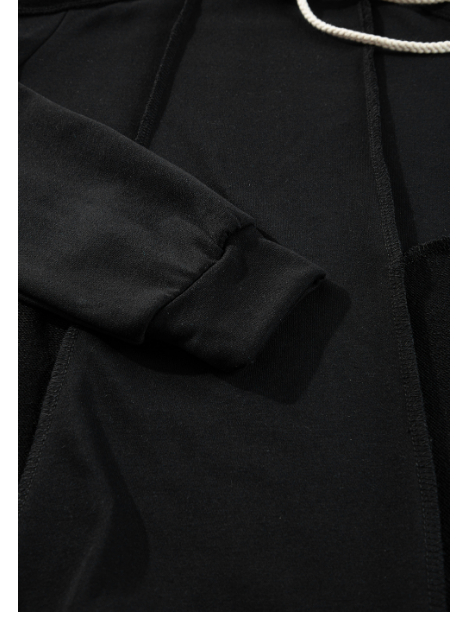 Black Exposed Seam Cold Shoulder Drawstring Hoodie