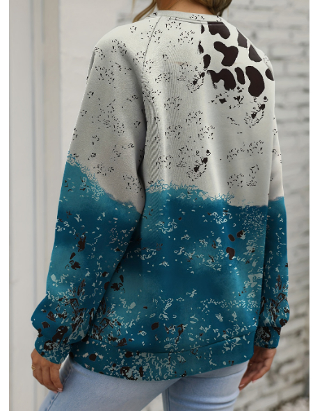 Blue Tie Dye Cow Color Block Pullover Sweatshirt