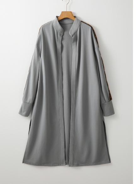 Medium Grey Aztec Accent Side Slit Open Front Long Cardigan