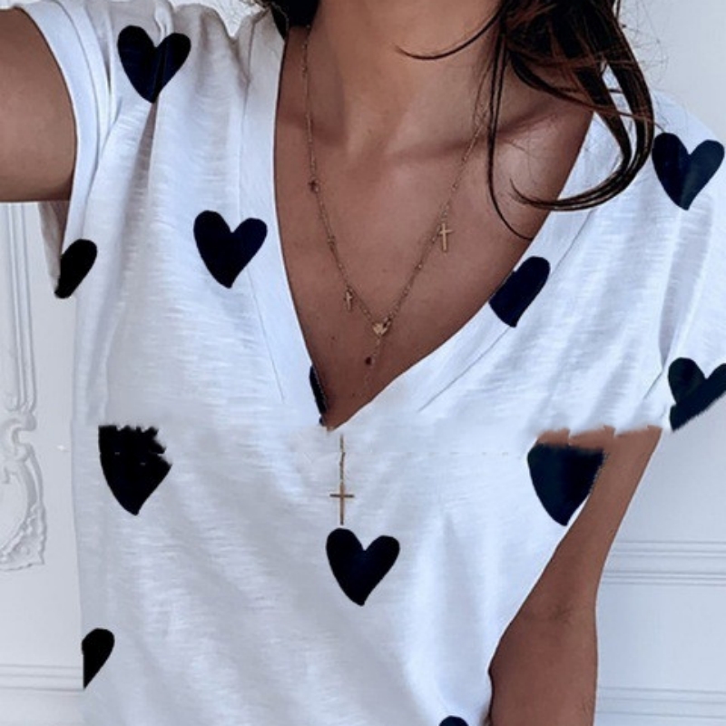 Women's New Solid Color V Neck Printed Short Sleeved T Shirt Top