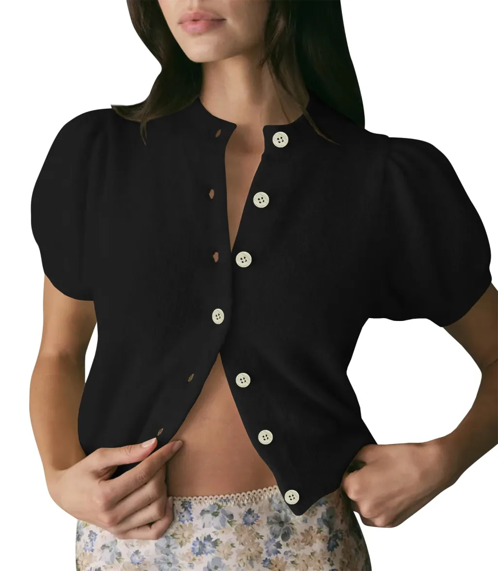 Women's Bubble Short Sleeved Cardigan Sweater - Black