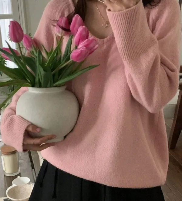 Women's V-neck Pullover Simple Solid Color - Pink