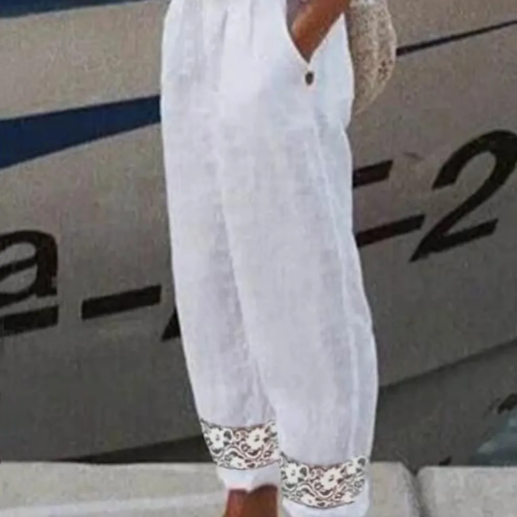 Women's Cotton Linen Elastic-waist Ankle-length Pants With Stitching Lace Feet - Lx156