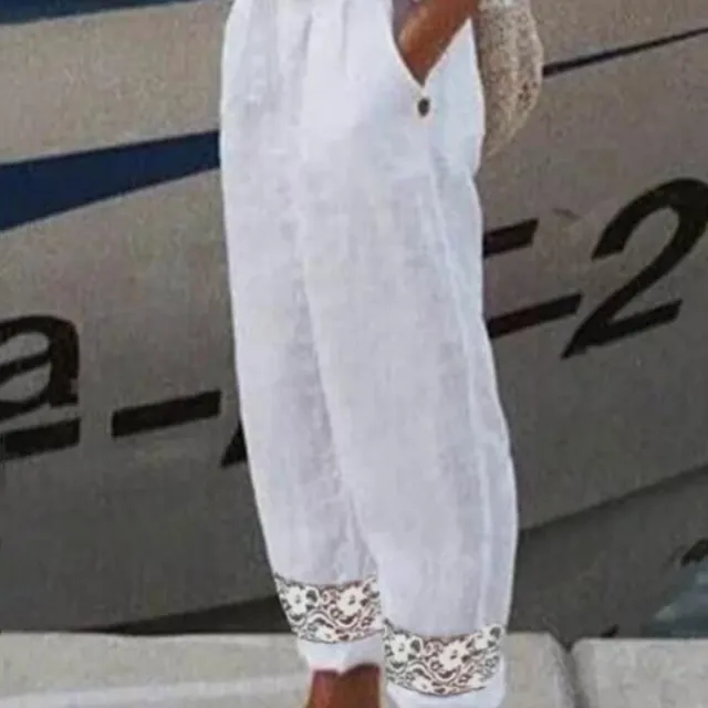 Women's Cotton Linen Elastic waist Ankle length Pants With Stitching Lace Feet Lx156 - Shop at LoveMi