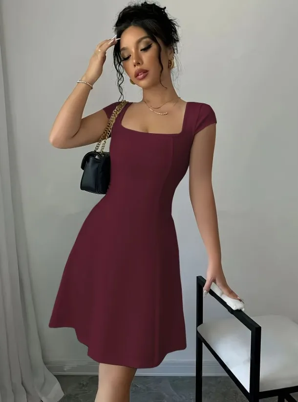 Solid Color Elegant Slim Vest A Line Dress Wine Red - Shop at LoveMi
