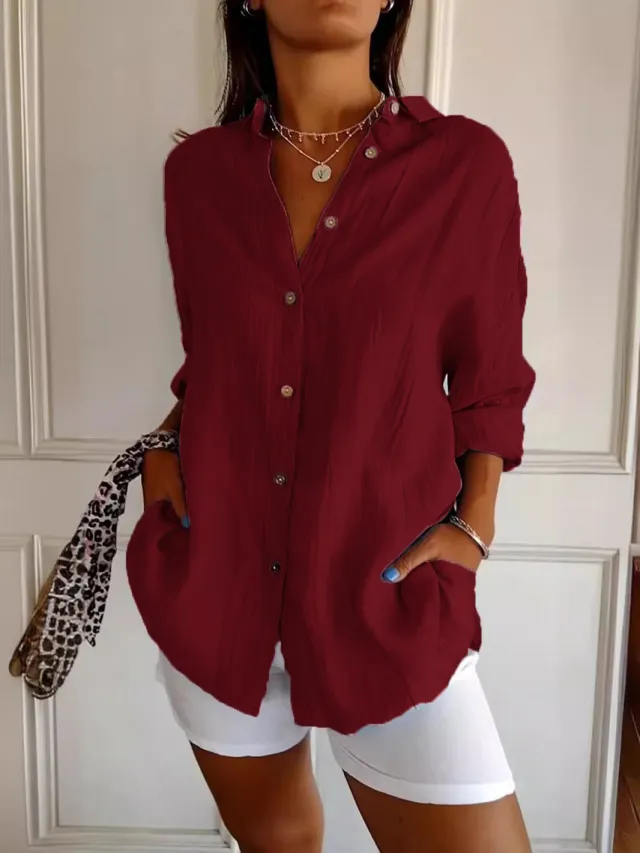 Lapel Long Sleeve Shirt Women's Single breasted Pleated Shirt Wine Red - Shop at LoveMi