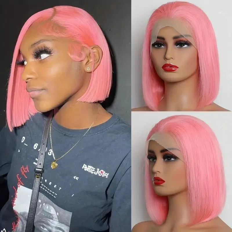 European And American Fashion Women's Short Bobhaircut Wig Chemical Fiber Front Lace Wig Head Cover - Pink 14 Inches