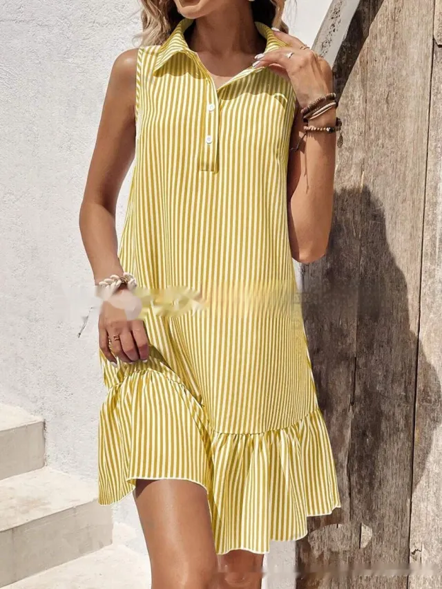 Shirt Collar Decorated With Buttons Sleeveless Dress Yellow - Shop at LoveMi