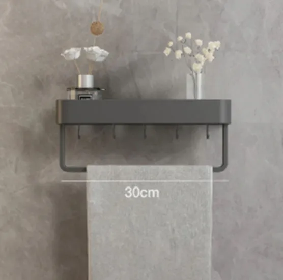 Punch free Space Aluminum Wall mounted Toilet Storage Rack Grey 30Cm With Rod And Hook - Shop at LoveMi