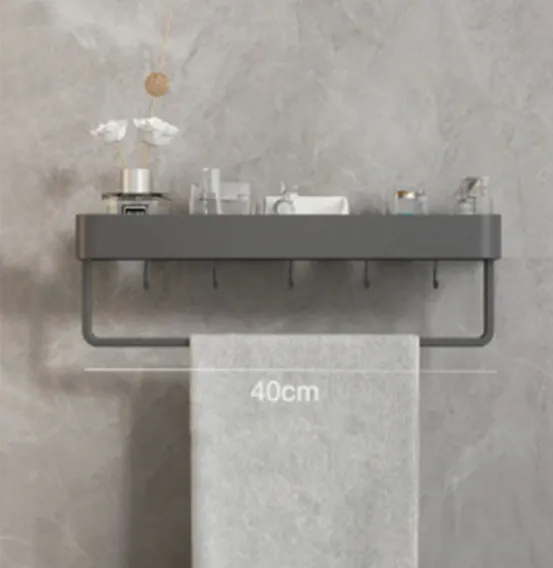Punch free Space Aluminum Wall mounted Toilet Storage Rack Grey 40Cm With Rod And Hook - Shop at LoveMi