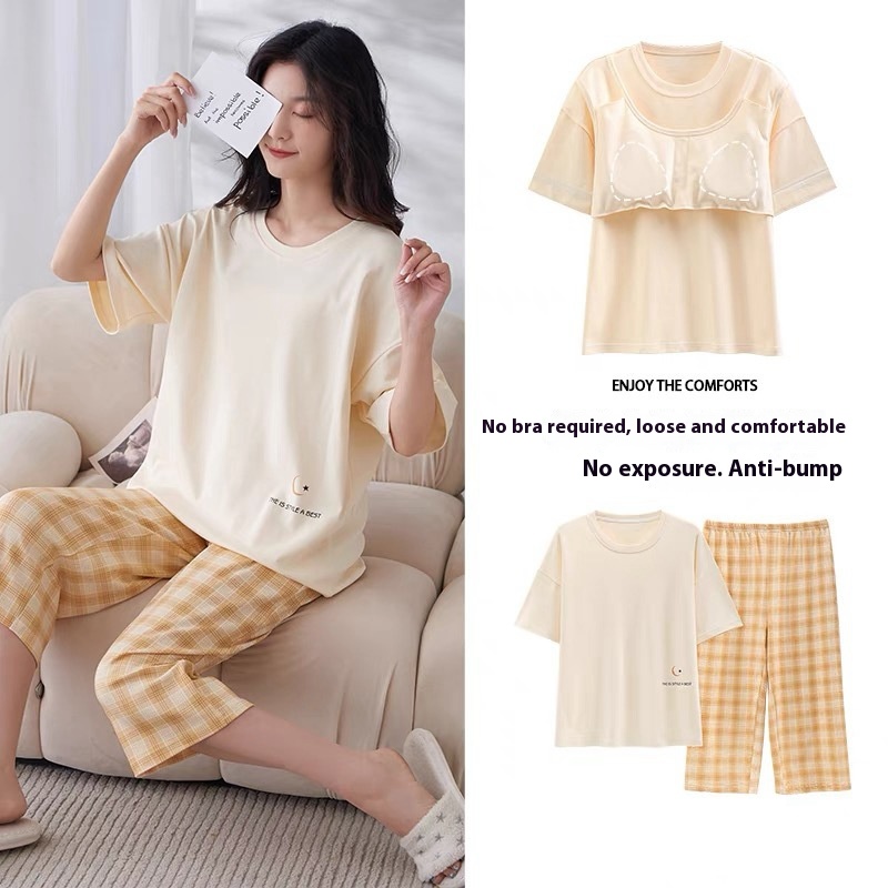 Padded Pajamas Women's Summer Thin Short Sleeve Cropped Pants Two-piece Suit