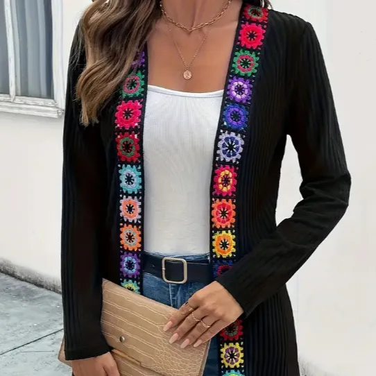Ethnic Style Patchwork Cardigan Long Sleeved Jacket Black - Shop at LoveMi