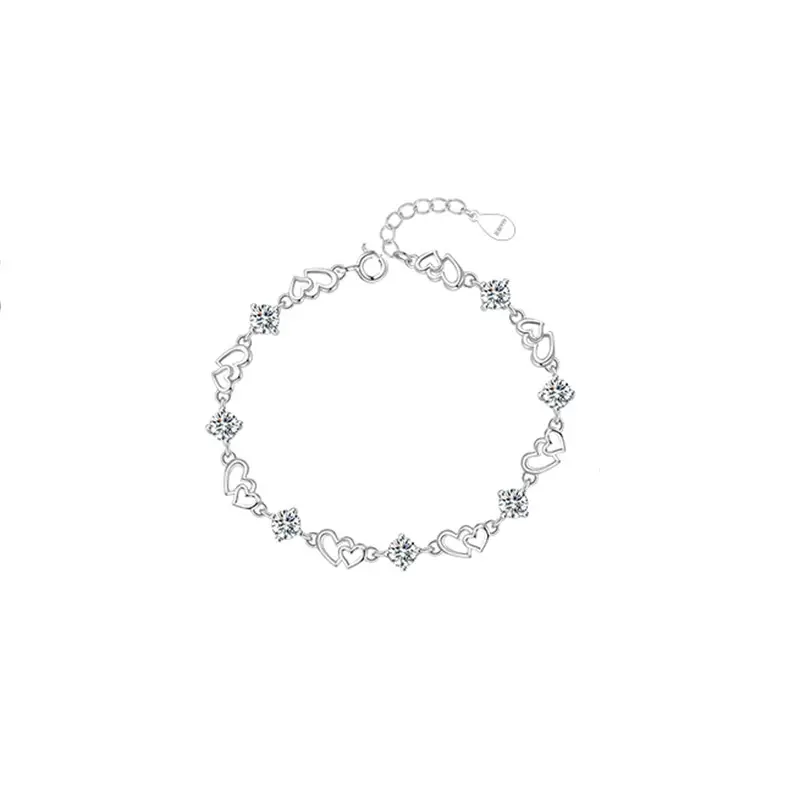 S925 Sterling Silver Heart-to-heart Moissanite Bracelet