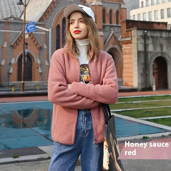 New Autumn And Winter Imitation Lamb Wool Polar Fleece Short Coat Honey Sauce Red - Shop at LoveMi