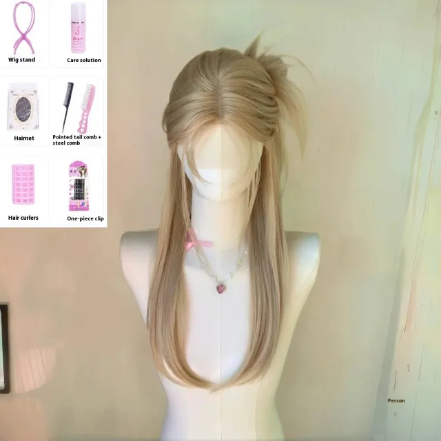 High Level Beige Small Lace Wig Long Straight Hair Grey Gold+Seven Piece Set - Shop at LoveMi