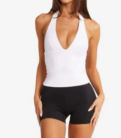 With Chest Pad V neck Halter Nude Feel Quick drying Sports Fitness Top White - Shop at LoveMi